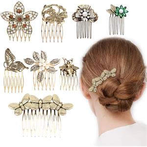 INLAZTIM Confezione da 8 pettini laterali vintage per donne, retrò oro perla strass metallo pettine clip con denti manico cristallo spilla parrucca accessori da sposa