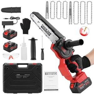 TEENO Motosega a Batteria, Mini Motosega Elettrica 6&8 Pollici 2-in-1, Kit con 6 Catene (3×6"+3×8"), Motore Senza Spazzole, 2×4000mAh, 5500 RPM, Leggero per Giardinaggio, Potatura, Legna