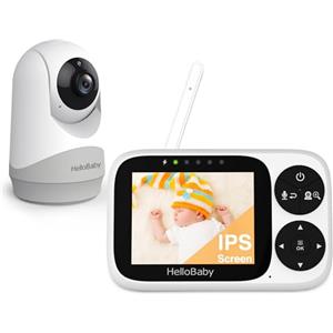 HelloBaby Baby Monitor Video e Audio telecamera bambini con monitor, Schermo IPS da 3,2", Senza WiFi, Visione Notturna, Pan-Tilt-Zoom, Allarme Ninna Nanna e Portata di 1000 Piedi