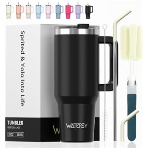 WATERSY 591ml Bicchiere Termico con Manico, 20 oz Grande Tazza Termica Nero in Acciaio Inox, Tazza da Caffè con Cannuccia, Thermos per Acqua Doppia Parete, per Palestra, Auto e Viaggio