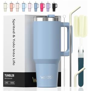 WATERSY 591ml Bicchiere Termico con Manico, 20 oz Grande Tazza Termica Blu in Acciaio Inox, Tazza da Caffè con Cannuccia, Thermos per Acqua Doppia Parete, per Palestra, Auto e Viaggio