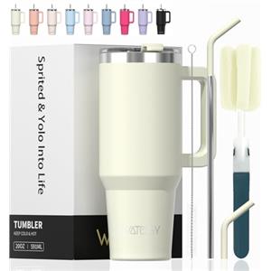 WATERSY 591ml Bicchiere Termico con Manico, 20 oz Grande Tazza Termica Bianco in Acciaio Inox, Tazza da Caffè con Cannuccia, Thermos per Acqua Doppia Parete, per Palestra, Auto e Viaggio
