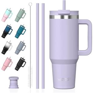 WATERSY Tazza da Caffè 1,2L con Manico, 40oz Viola Tazze Isolate con 2 Cannuccias, Tazza Termica in Acciaio Inox per Bevande Calde e Fredde per Acqua, Caffè, Doppia Parete, Lavabile in Lavastoviglie
