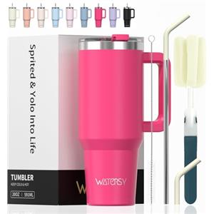 WATERSY 591ml Bicchiere Termico con Manico, 20 oz Grande Tazza Termica in Acciaio Inox, Tazza da Caffè con Cannuccia, Thermos per Acqua Doppia Parete, per Palestra, Auto e Viaggio (Rosa Scuro)