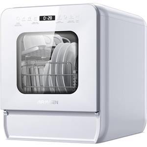 AIRMSEN Lavastoviglie Portatile, 7+2 Programmi, Serbatoio 5L, 4 Coperti, Design Ultra-Stretto 37x50cm, Avvio Ritardato 1-24H Doppio Getto 360°, Con/Senza Tubo Per Cucina, Appartamento,Bianco (Bianco)