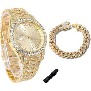 genkigold Orologio con Diamanti per Ragazzi - Quadrante Rotondo 43mm con Numeri Romani - Placcato in Oro 18K Cinturino 20,5cm - Include Strumento di Regolazione, Abbinato a Catena Cubana 18cm