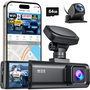 REDTIGER Dash Cam anteriore e posteriore, 4K+1080P per auto con scheda da 64 GB, doppia videocamera da cruscotto WiFi GPS, schermo LCD da 3,18", registrazione in loop,due modalità di parcheggio