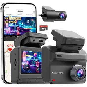 DDPAI Dashcam Auto, 4K + 1080P Telecamera Auto Con Scheda Da 128 GB, Visione Notturna AI-ISP, Supporto 4G LTE, 5 GHz WiFi 6, GPS, Monitoraggio Parcheggio 48 Ore, Display IPS Da 3", Sensore G, Z50 Pro