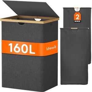 Lifewit 160L Cesto Portabiancheria in Bambù, Grande Portabiancheria Sporca con Coperchio, Cesta Biancheria Pieghevole con Sacchi Rimovibili per Camera, Bagno, Lavanderia, Grigio Scuro