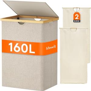 Lifewit 160 L Cesto Portabiancheria in Bambù, Grande Portabiancheria Sporca con Coperchio, Cesta Biancheria Pieghevole con Sacchi Rimovibili per Camera, Bagno, Lavanderia, Beige