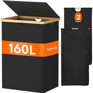 Lifewit 160 L Cesto Portabiancheria in Bambù, Grande Portabiancheria Sporca con Coperchio, Cesta Biancheria Pieghevole con Sacchi Rimovibili per Camera, Bagno, Lavanderia, Nero