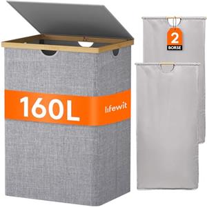 Lifewit 160 L Cesto Portabiancheria in Bambù, Grande Portabiancheria Sporca con Coperchio, Cesta Biancheria Pieghevole con Sacchi Rimovibili per Camera, Bagno, Lavanderia, Grigio