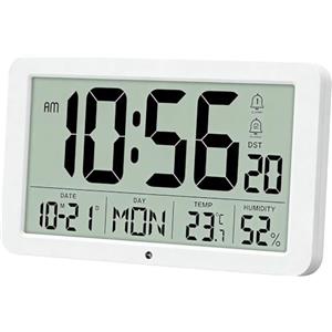 YsyYey Grande sveglia digitale con monitor di temperatura e umidità, orologio da parete USB/alimentato a batteria intelligente da montare a parete e da comodino con oscuramento automatico, DST