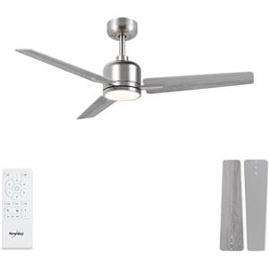 Newday 107cm Ventilatore da Soffitto Argento e Legno, Ventilatore da Soffitto con Luce e Telecomando Réversible, Pala Soffitto con Luce Dimmerabile per Soggiorno Camera da Letto Cucina Terrazza