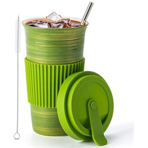 TIANNA VALLEY Tazza da Caffè da Viaggio in Ceramica Verde con Coperchio e Cannuccia (450ml), Tazza Artigianale, Sicura per Microonde/Lavastoviglie, Idee Regalo Originali