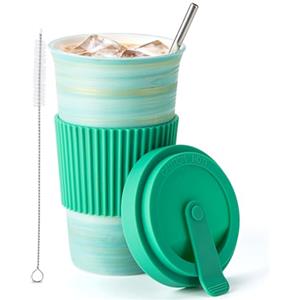 TIANNA VALLEY Tazza da Caffè da Viaggio in Ceramica Verde Chiaro con Coperchio e Cannuccia (450ml), Tazza Artigianale, Sicura per Microonde/Lavastoviglie, Idee Regalo Originali