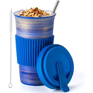 TIANNA VALLEY Tazza da Caffè da Viaggio in Ceramica Blu con Coperchio e Cannuccia (450ml), Tazza Artigianale, Sicura per Microonde/Lavastoviglie, Idee Regalo Originali