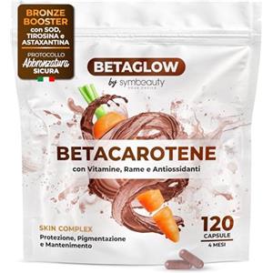 Symbeauty Betacarotene per Abbronzatura Forte 120 capsule - Acceleratore Abbronzatura, Tirosina e Vitamina D, Antiossidanti Astaxantina, SOD, Vitamina C, E, B2, Rame, Niacina, Biotina - Made in Italy
