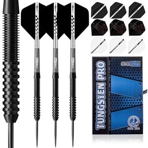 CyeeLife Set di Freccette in tungsteno, 23 Grammi, Freccette Professionali in Acciaio con 3 scatole, 9 Alette e 1 Sharpener, Freccette con Punta in Metallo (Nero) (Nero)