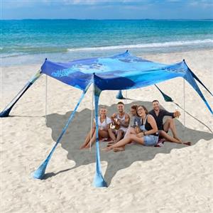 Rhino Valley 3x3m Tenda da Spiaggia Ultra Stabile Portatile, Protezione UV UPF50+ Tenda da Mare Super Antivento con 8 Ancoraggi a Sabbia Riempibili e 4 Aste in Alluminio, Tartaruga Blu Scuro