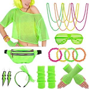 Aottom Anni '80 Accessori Costume Neon Maglia a Rete da Donna, Abbigliamento Femminile da 90 Anni Carnevale Partito Costume Set per 80 Anni Abbigliamento Donna Retrò Festa a Tema Verde