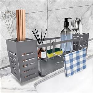 Auktransceler Organizer per lavello da cucina in acciaio inox con drenaggio automatico, grigio con scarico, scolapiatti con porta strofinacci e 2 cestini per posate, per lavello da cucina e lavandino