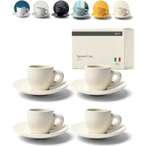 KIVY Set di 4 tazze da espresso da 75 ml con piattini - Tazze da espresso italiane in gres porcellanato spesso - Beige