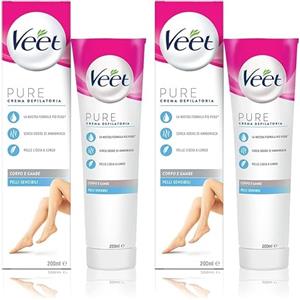 Veet Pure Crema Depilatoria Gambe, Braccia, Ascelle e Zona Bikini per Pelli Sensibili, Dermatologicamente Testata, 200 ml (Confezione da 2)