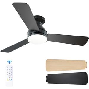 Passky Ventilatore a soffitto con luce silenzioso 107cm, Comando a distanza, Motore CC reversibile, 3 regolazioni di colore, Funzione estate-inverno, 6 velocità, Temporizzatore, Interno/esterno, Nero