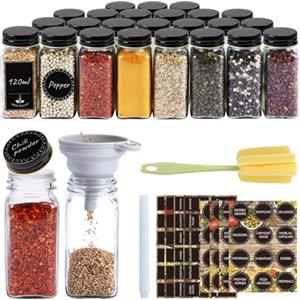UISEBRT Set di barattoli per spezie rettangolari da 12/24 contenitori per spezie con etichette, in vetro, 120 ml, ermetici con inserto per spargimento, imbuto (nero, 24 pezzi)