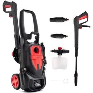 LEHMANN Denver Idropulitrice, 2200 W, max. 240 bar, Portata 480 l/h, Raggio d'azione 15 m, Pompa in alluminio, Lancia Schiuma, Ugello Regolabile et Turbo, per Auto, Esterni di Casa, Nero/Rosso