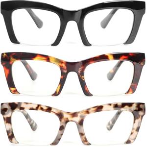 KoKoBin 3 Pack Occhiali da lettura da donna semi-cerchiati Occhiali da lettura con luce blu moda oversize per computer cerniera a molla Occhiali(Nero/Marrone leopardata/Grigio leopardata, 2.5, x)
