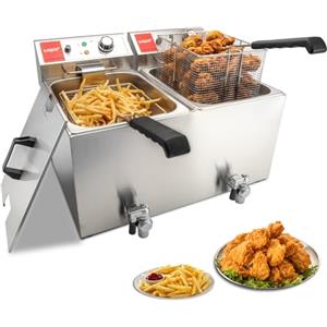 Valgus Friggitrice Professionale Elettrica a due vasche 3300W 26L Friggitrice elettrica da banco in acciaio inox di grande capacità con cestello e coperchio, sistema di drenaggio