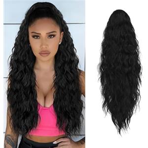 XFSRG 66cm Extension Coda Finta Capelli Veri Permanente Riccia Compatta Capelli Finti Donna Con Forcine Ponytail Naturale Parrucca Elegante E Folta Per Donne Ragazze(Nero)
