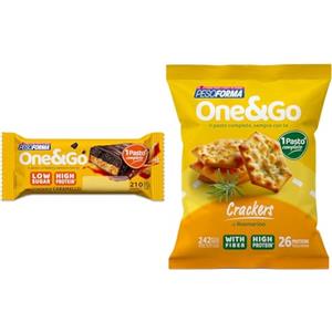 Pesoforma | One&Go Pasto Sostitutivo Barretta Fondente Caramello Low Sugar, High Protein + One&Go Pasto Sostitutivo Crackers al Rosmarino, 60g, 1 Pasto Completo, High Protein, With Fiber