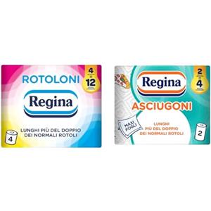 Regina Rotoloni - 4 Maxi Rotoli di Carta Igienica, 500 Fogli a 2 Veli + Regina Asciugoni Carta Cucina - 2 Rotoli a 2 veli, 100 strappi per rotolo
