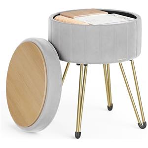 SONGMICS Sgabello Pouf Contenitore, Cassapanca Rotonda, Sgabello Toeletta in Velluto, 39 x 44,4 cm (Diam. x A), 4 Gambe in Metallo, Soggiorno Camera da Letto, Grigio Tortora LOM003G02
