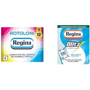 Regina Rotoloni - 4 Maxi Rotoli di Carta Igienica, 500 Fogli a 2 Veli + Regina Blitz - 1 Rotolo di Carta Casa, 100 Maxi Fogli a 3 Veli