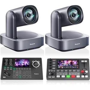 Tenveo Kit Telecamera PTZ e Controller - 2 Telecamere PTZ 4K con Auto-Tracking AI 12X, HDMI/USB3.0/LAN(PoE) e Controller Joystick NDI con Screen da 5 Pollici + Mixer Video PC500