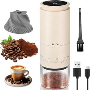 YGVQN Macinacaffè Elettrico Portatile, Macinacaffè Conico In Ceramica, 38 Regolazioni della Macinatura e Display LED, 2000mAH Ricaricabile USB, Ideale per Casa, Ufficio, Campeggio e Viaggi (bianco, L)