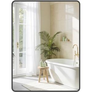 SONGMICS Specchio Bagno, Specchio da Parete, Rettangolare, Cornice in Alluminio, 81 x 61 cm, Pellicola di Sicurezza, 2 Opzioni di Sospensione, Soggiorno Camera da Letto, Nero Inchiostro LWM014BD01