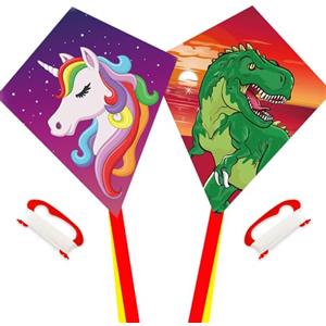HONBO Aquilone Diamond Kite, Dinasour + Unicorn Eddy Kite, singola linea Aquilone per bambini, meraviglioso aquilone per principianti per 3 anni in su, manico aquilone, corda da 60 m e girevole inclusi.