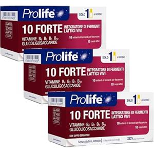 Prolife - 10 Forte, Integratore con 10 Miliardi di Probiotici per Flaconcino, 3 Pack da 10 Flaconcini da 8 ml, Ricco di Fermenti Lattici e Vitamine del Gruppo B