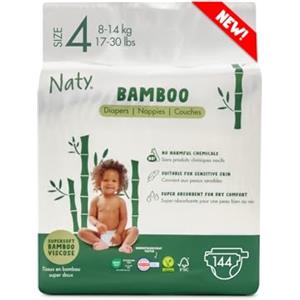 Naty Bamboo - Pannolini per Bambini in Viscosa di Bambù - Morbidezza e tocco setoso, Pannolini a base vegetale, Dermatologicamente testati per pelli sensibili e super assorbenti (Taglia 4, 144 pezzi)