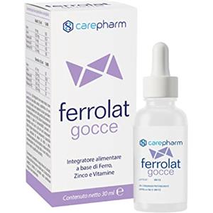 Carepharm, Ferrolat Gocce, Integratore Alimentare a Base di Ferro e Zinco, e Vitamine, Contribuiscono alla Normale Funzione del Sistema Immunitario, Senza Glutine, Senza Lattosio, 30 ml