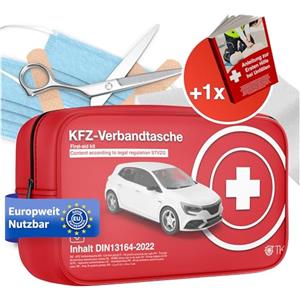 TK Gruppe Timo Klingler Kit pronto soccorso per auto - nuovo standard 2026 per testato TÜV - certificato DIN 13164 - Kit kit pronto soccorso per auto STVO e 2 maschere