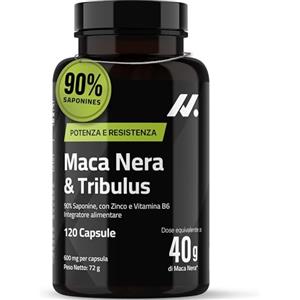 Nyvos Tribulus Terrestris 90% Saponine + Maca Nera 40.000 mg - con Zinco e Vitamina B6 - 120 Capsule Vegane - Nyvos