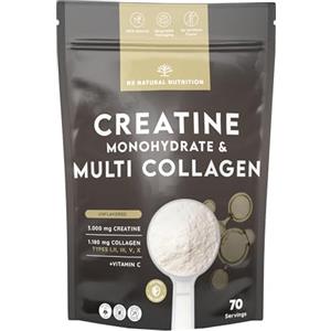 N2 Natural Nutrition. Creatina monoidrato + collagene multi idrolizzato con vitamina C in polvere (70 dosi) 3000 mg di creatina + collagene I, II, III, V e X. Senza aromi.