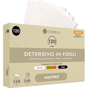 Cosmeau Detersivo Lavatrice Fogli - Neutre - Fino a 120 Lavaggi (60 Fogli) - Fogli Profumati Sostenibili per Bianchi, Colori e Neri - Senza Plastica & Perfetto come Detergente da Viaggio