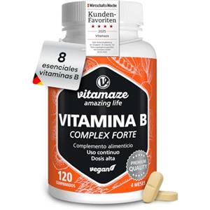 Vitamaze - amazing life Vitamina B Complex Forte +140 Mg de Tutte le Vitamine Gruppo B, 120 compresse per 4 mesi de Vitamina B1, Vitamina B3, Vitamina B6, Biotina, Vitamina B12 e Acido Folico, Qualità Tedesca, Vitamaze®